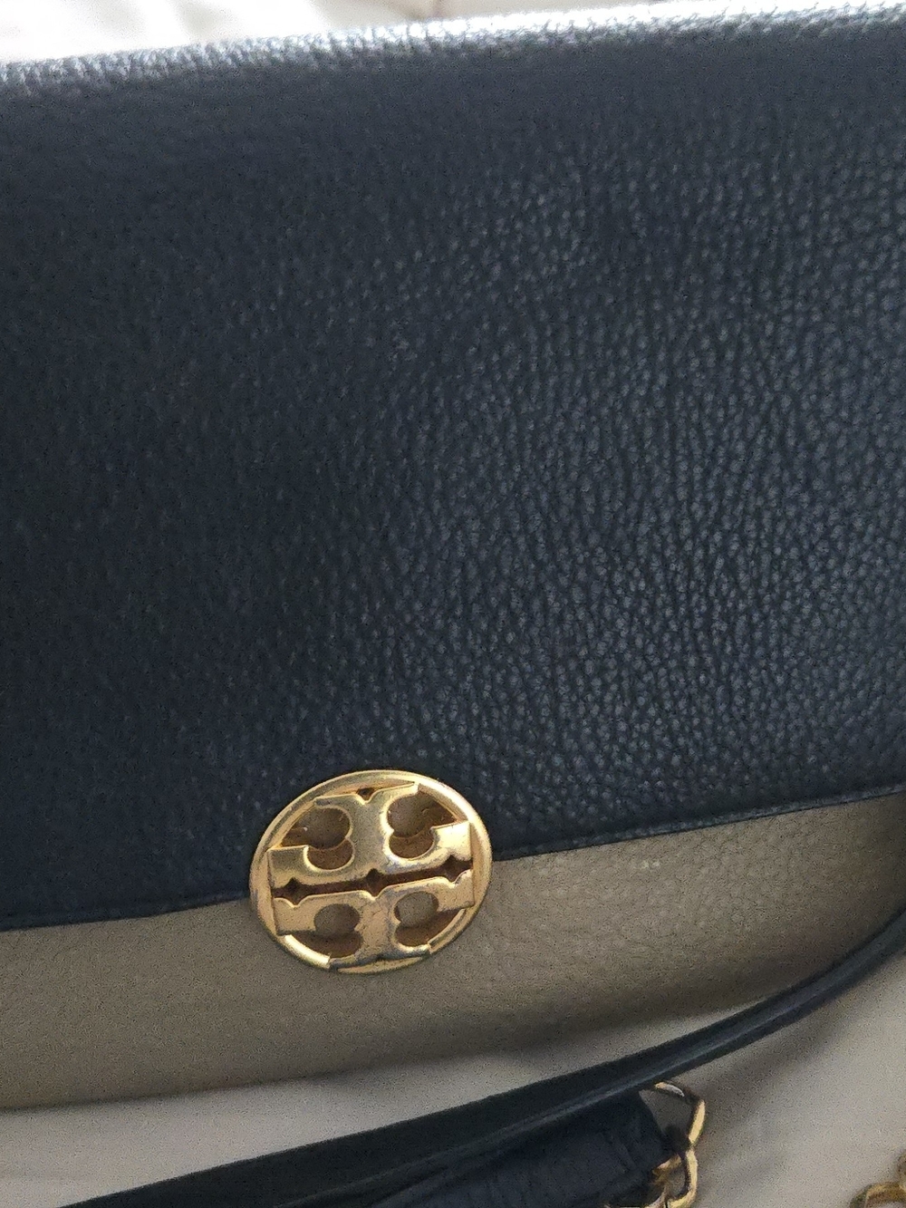 Navy and Metallic Gold Two-Tone Crossbody Bag with Logo Accent